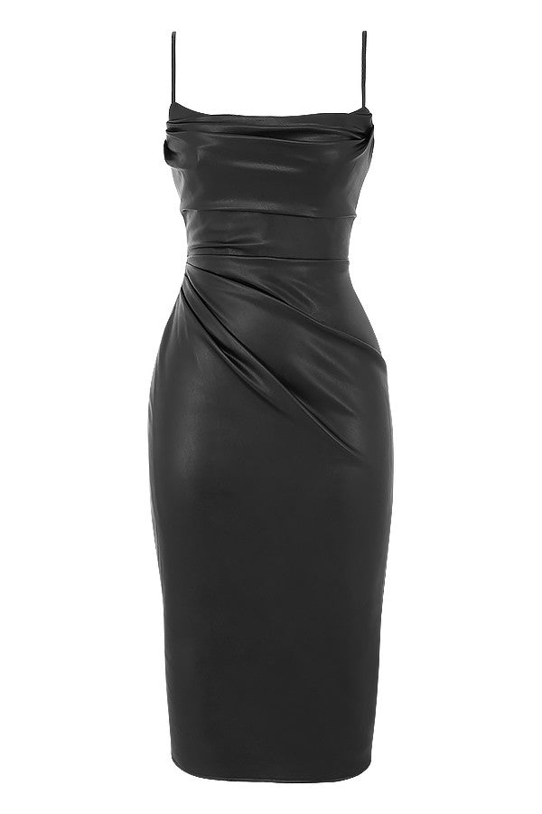Kirsten - Korset Midi Jurk in Zwart Vegan Leer