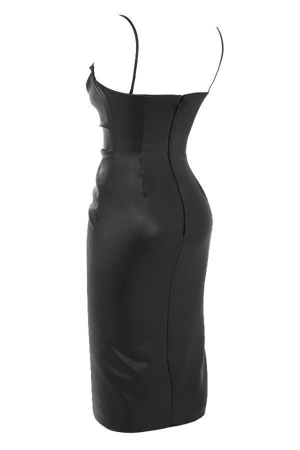 Kirsten - Korset Midi Jurk in Zwart Vegan Leer