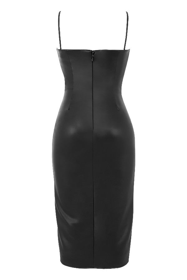 Kirsten - Korset Midi Jurk in Zwart Vegan Leer