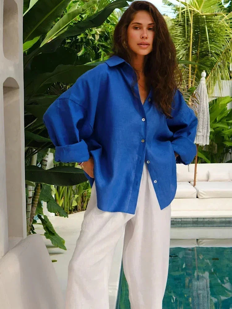 Lina – Oversized Linnen Blouse voor Dames | Koningsblauw