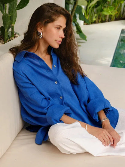 Lina – Oversized Linnen Blouse voor Dames | Koningsblauw