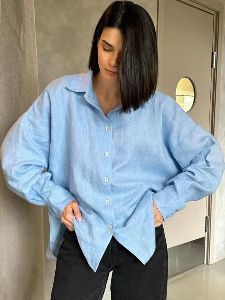Lina – Oversized Linnen Blouse voor Dames | Koningsblauw