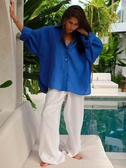 Lina – Oversized Linnen Blouse voor Dames | Koningsblauw