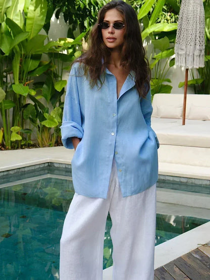 Lina – Oversized Linnen Blouse voor Dames | Koningsblauw